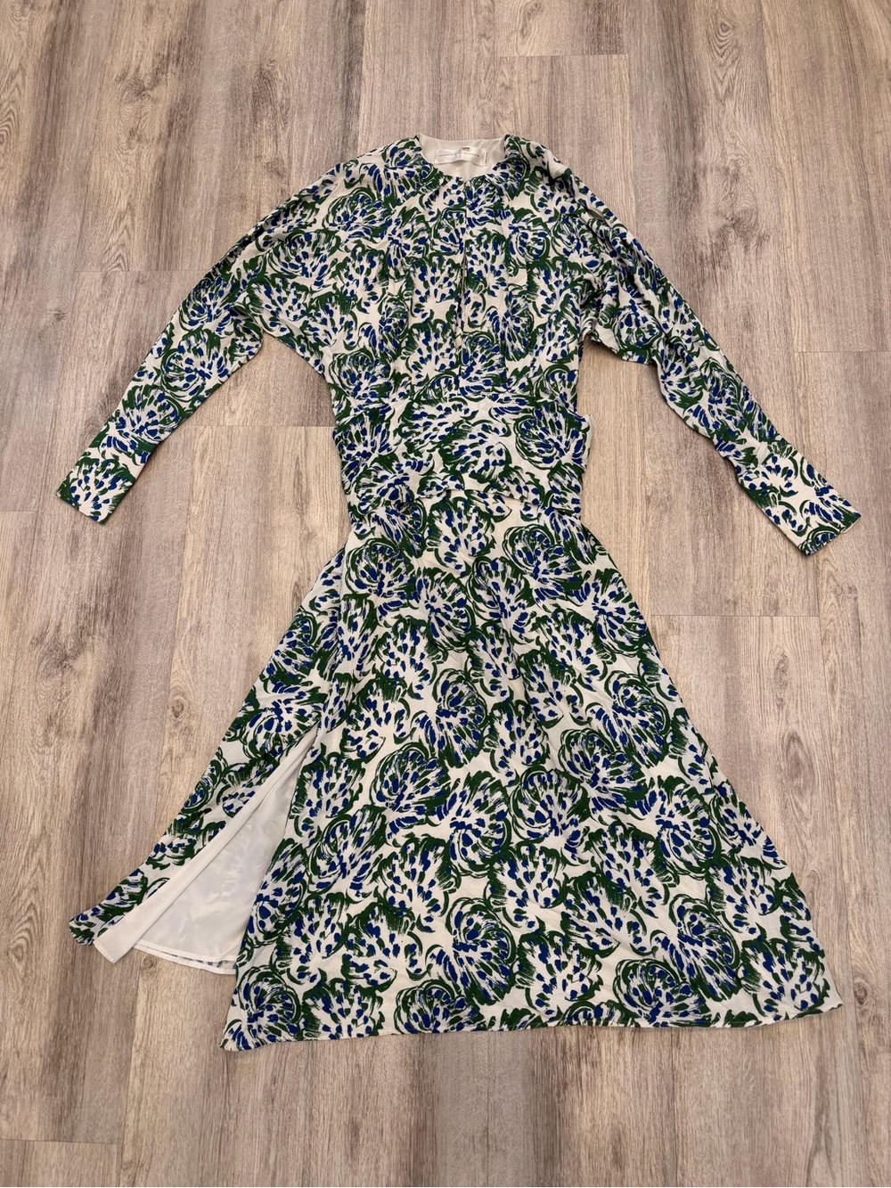 Victoria Victoria Beckham US 2 Blue Green Floral Long Sleeve Midi Dress